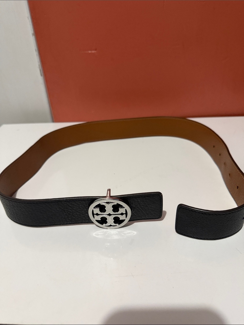 Tory Burch Black Leather Belt with Round Logo Buckle XS size women